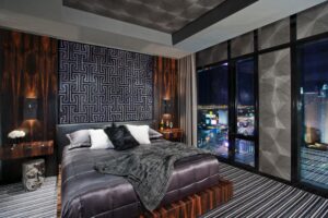 Luxe+Gray+Art+Deco+Bedroom+With+Metallic+Finishes+&+Striped+Carpet